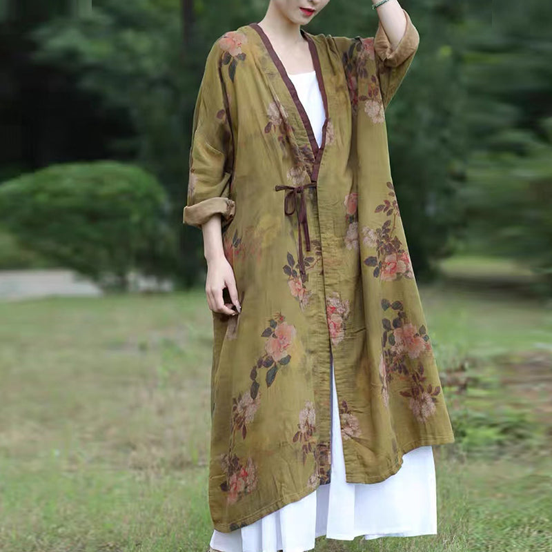 Model wearing vintage floral cotton kimono jacket, front view