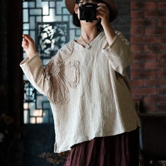 Front view of vintage linen appliqué top for women