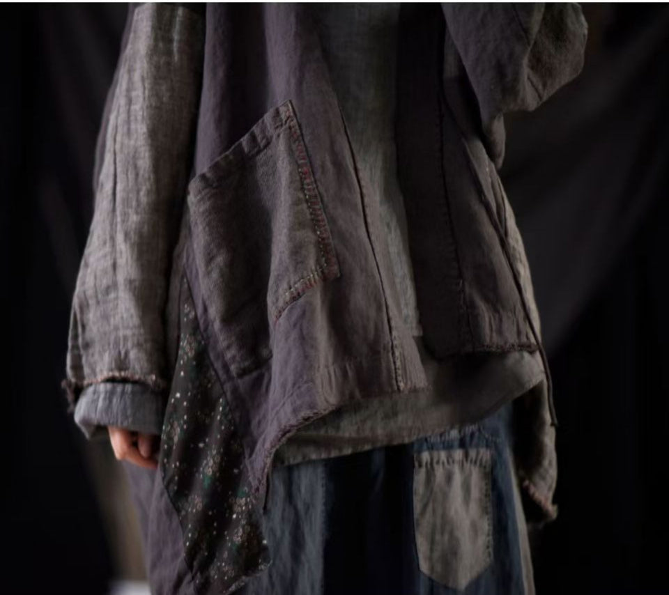 Close-up of tie-front detail and patchwork fabric texture