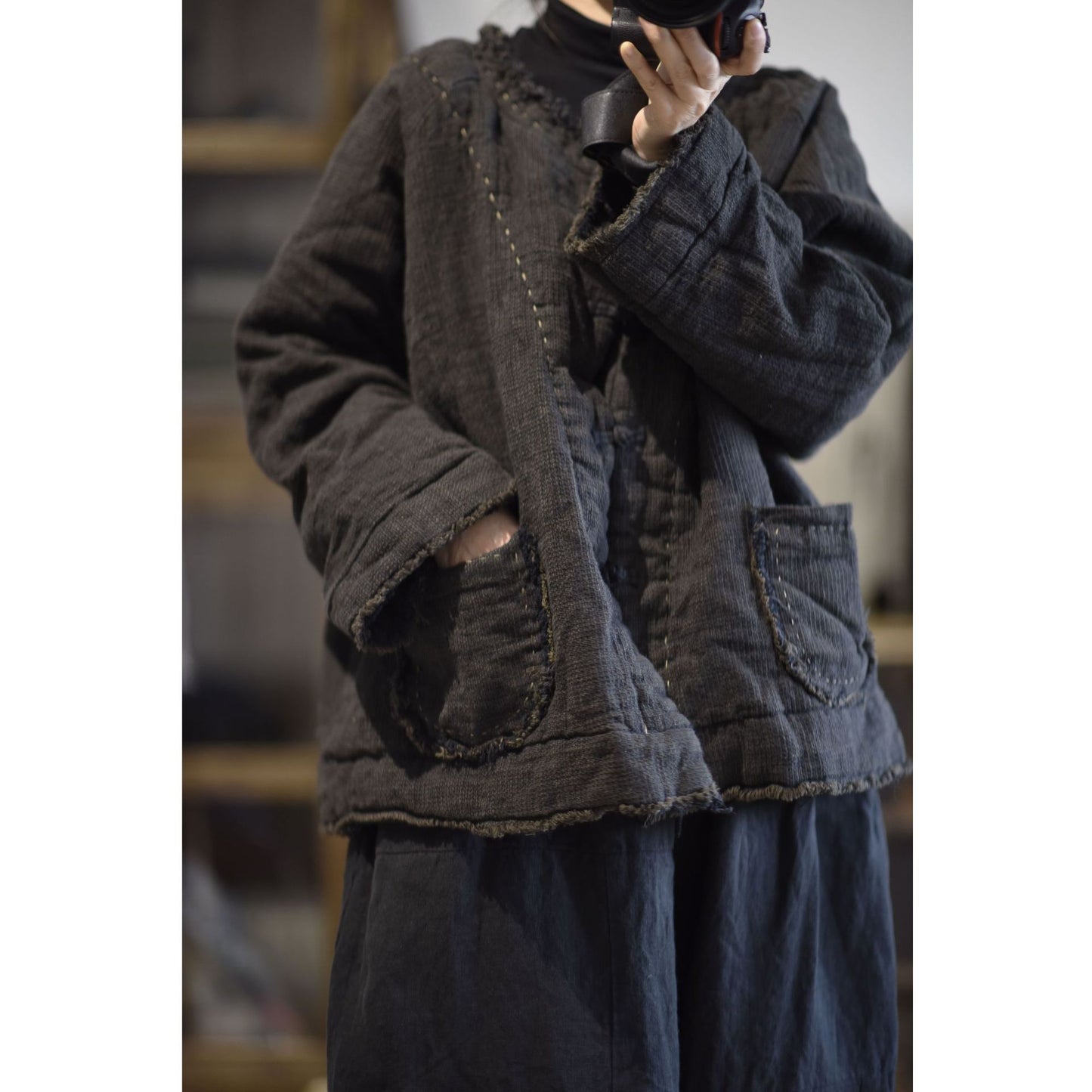 Vintage linen padded jacket styled casually