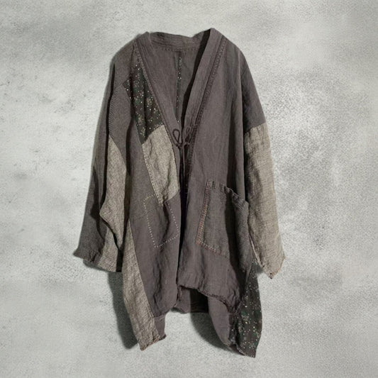 retro linen patchwork cardigan with boho style