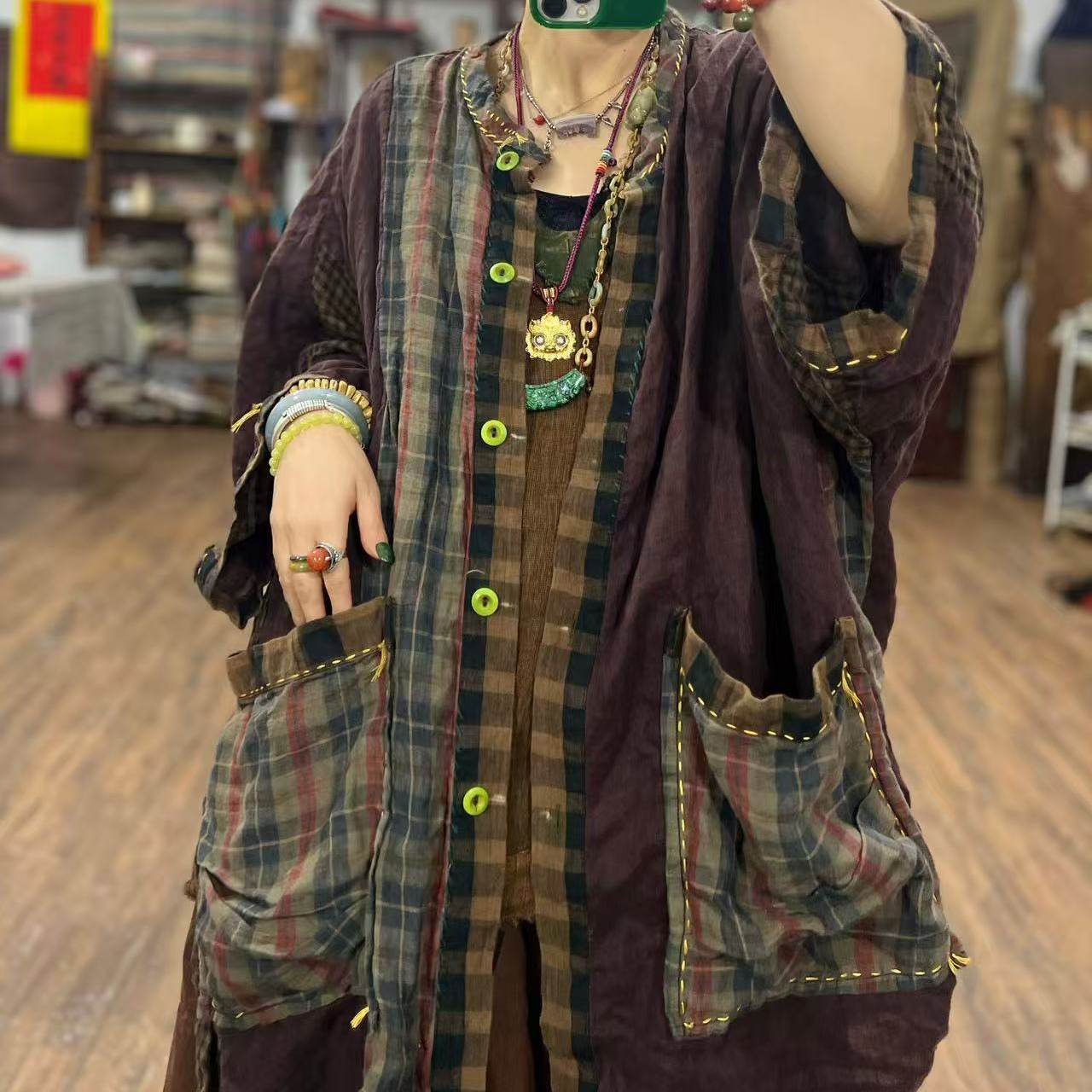 Front view of yarn-dyed linen plaid jacket