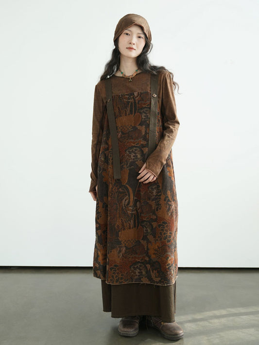 Front view of Vintage Printed Patchwork Corduroy Pinafore Dress with retro patchwork prints