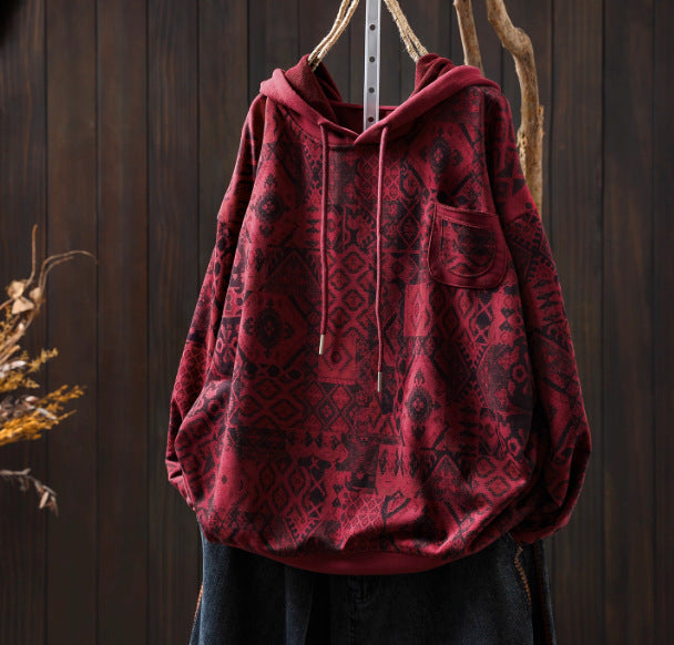 Front view of boho vintage printed hoodie for women