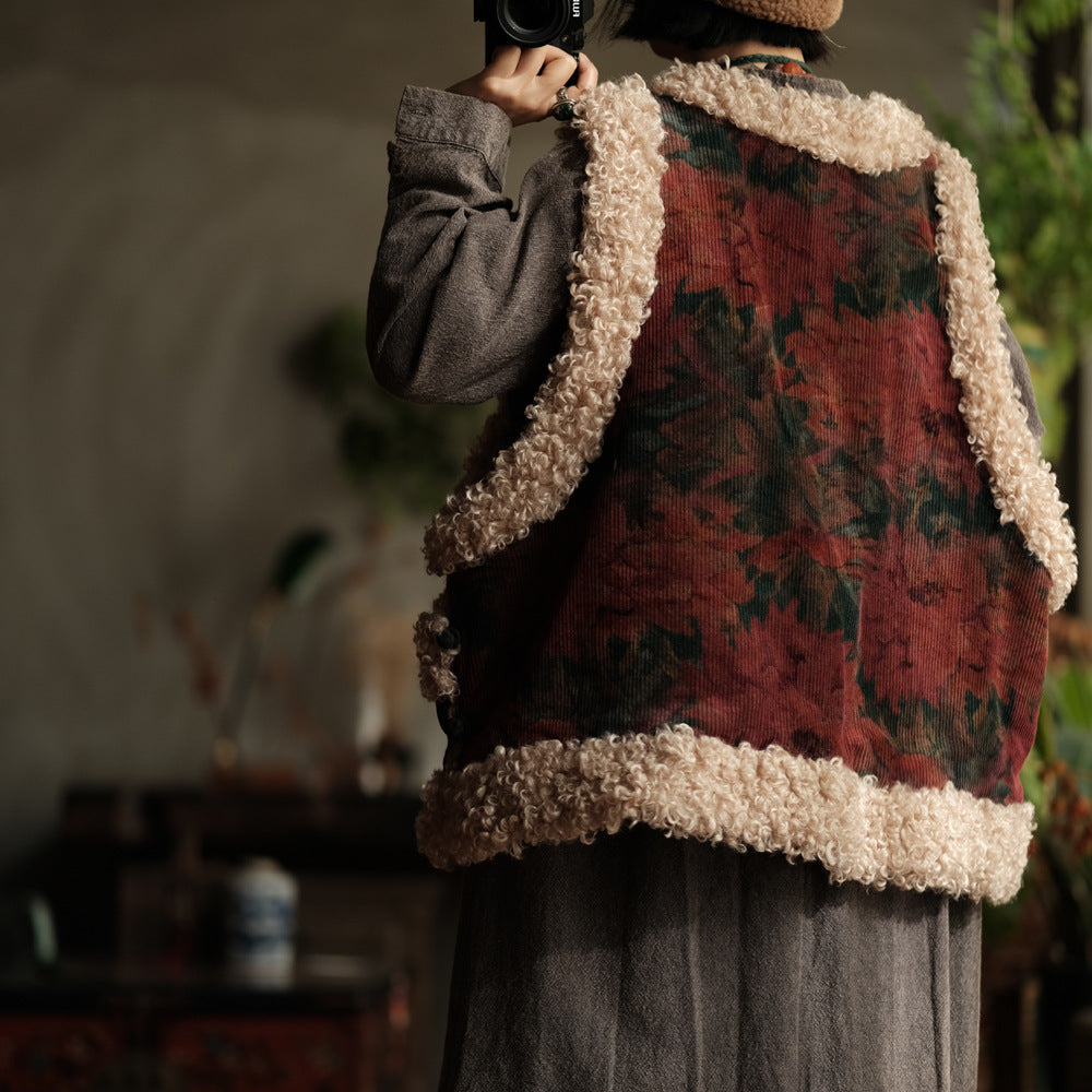 Back view of printed corduroy sherpa vest