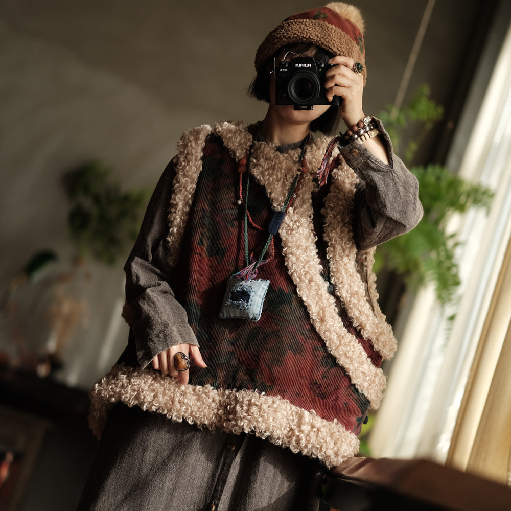 Front view of vintage printed corduroy sherpa vest for women