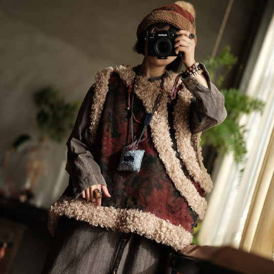 Front view of vintage printed corduroy sherpa vest for women