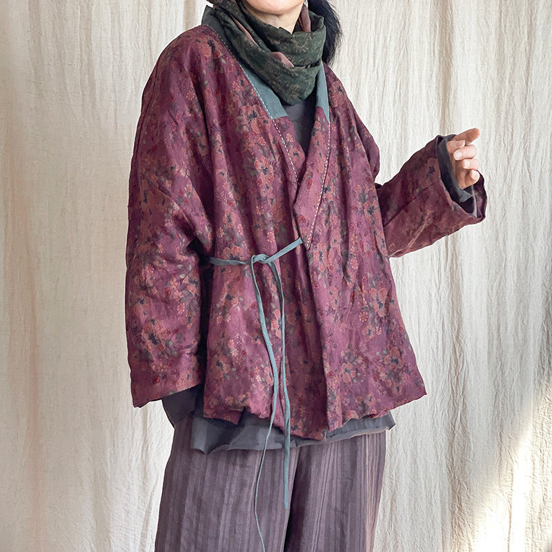Layered boho retro outfit with linen quilted kimono jacket