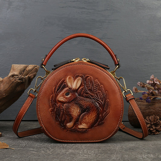 Front view of vintage rabbit pattern genuine leather tote bag