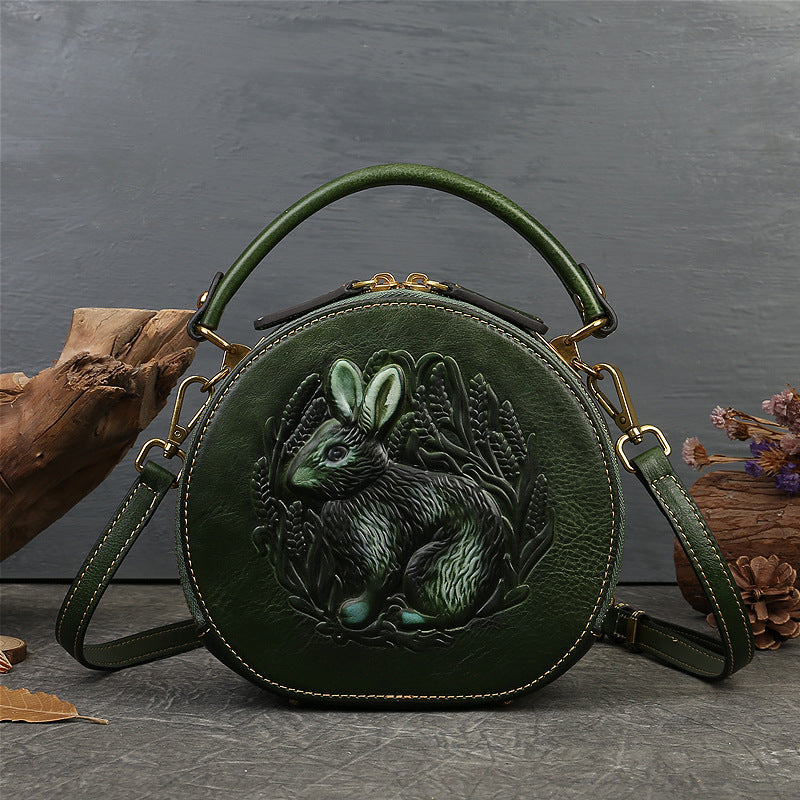 green genuine leather rabbit pattern tote bag