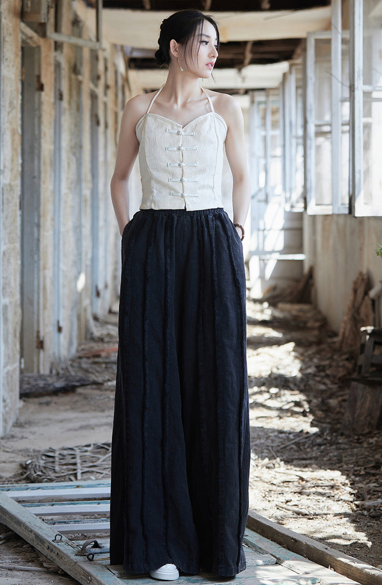 Woman wearing relaxed ramie pants styled casually