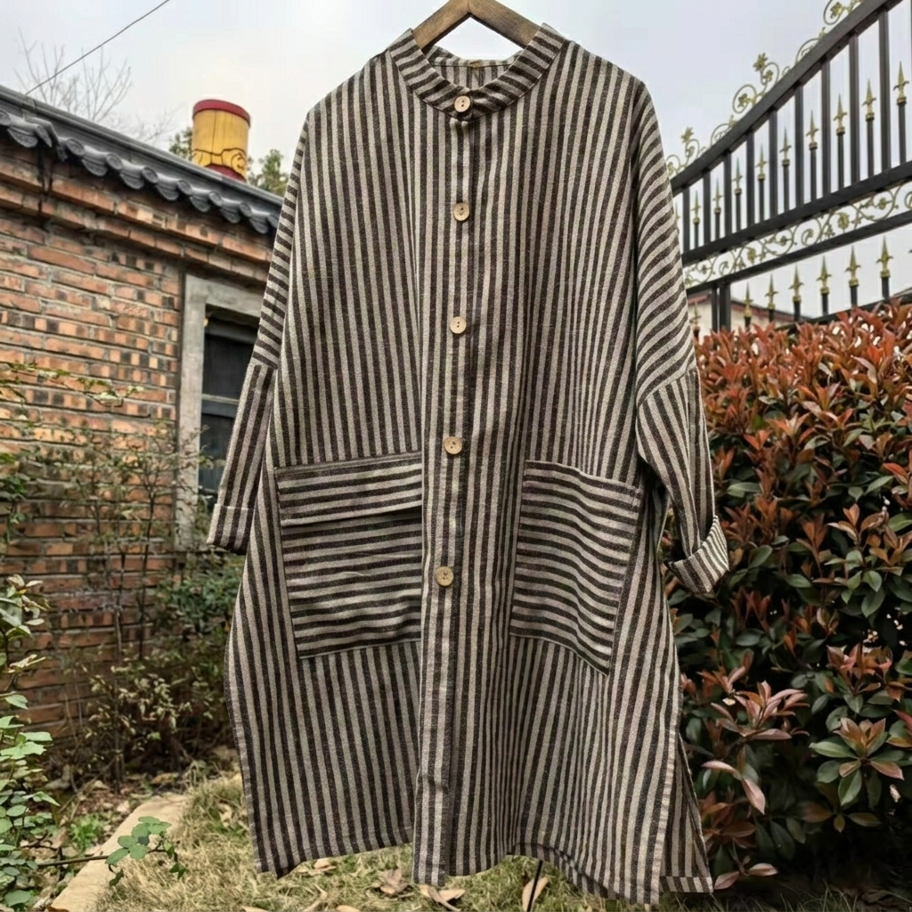 Front view of a relaxed striped cotton linen top 