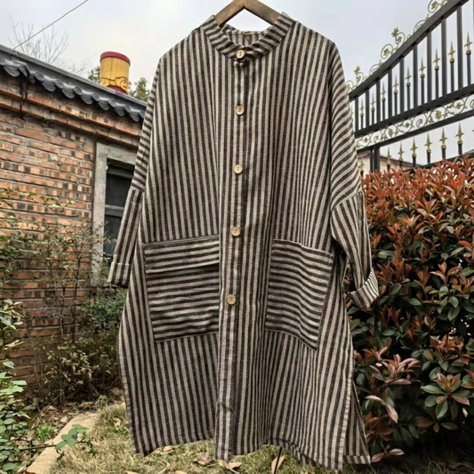 Front view of a relaxed striped cotton linen top 