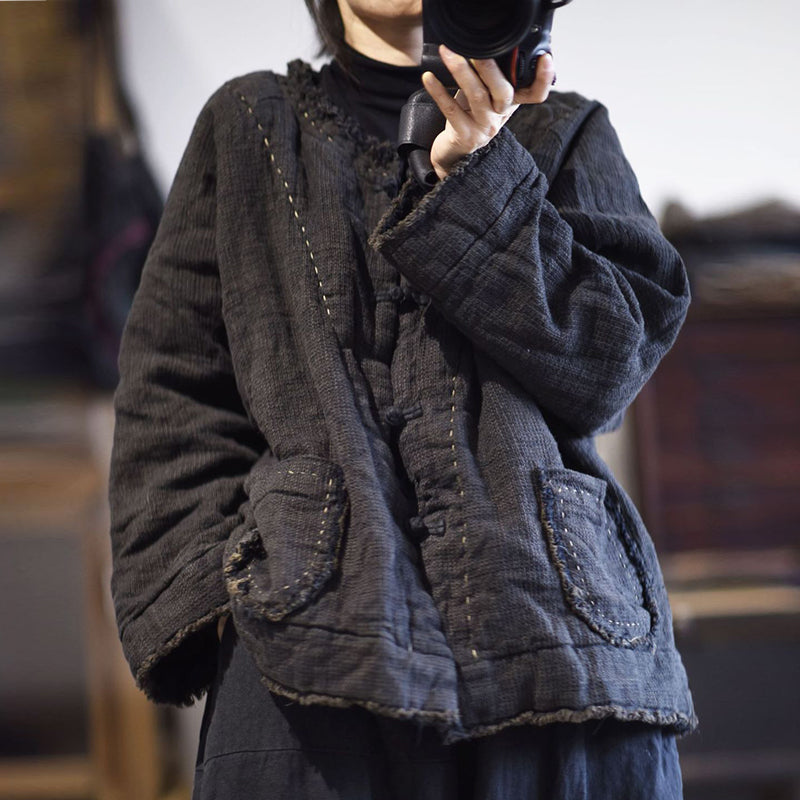 Vintage yarn-dyed linen frayed-edge padded jacket front view