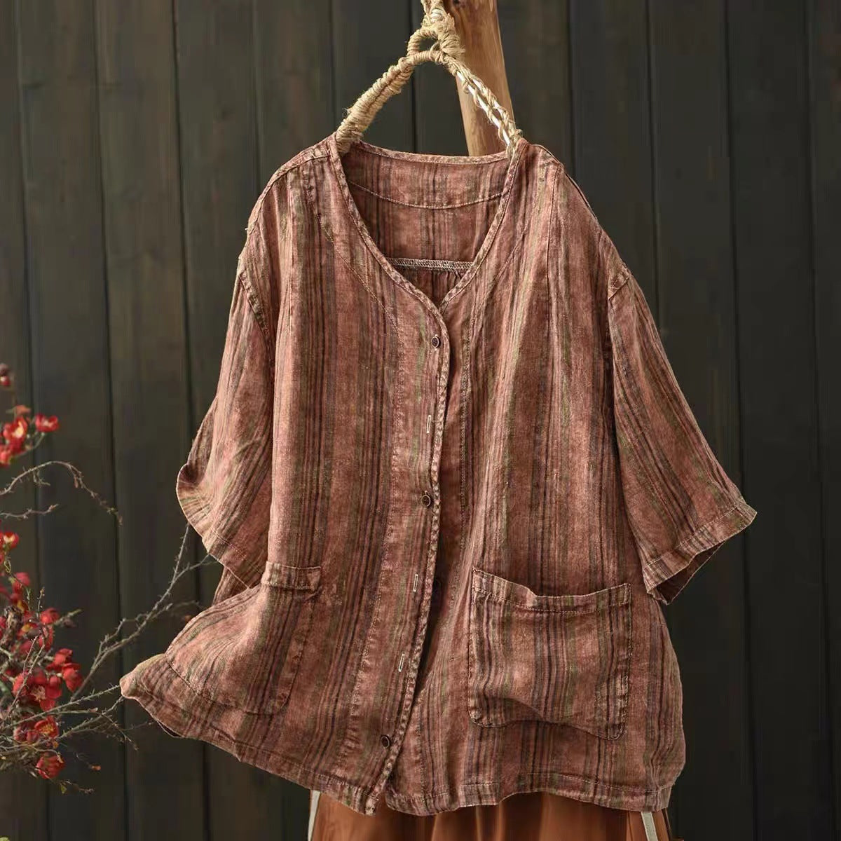 Striped linen blouse paired with linen pants for everyday styling