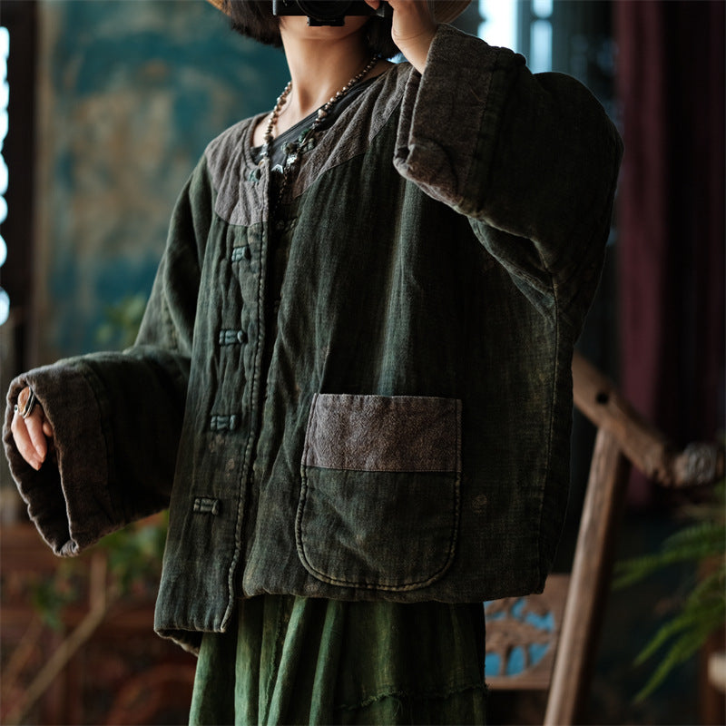 Warm cozy outfit with vintage green quilted distressed short coat
