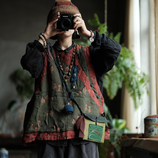 Front view of whimsical green quilted vest vintage style