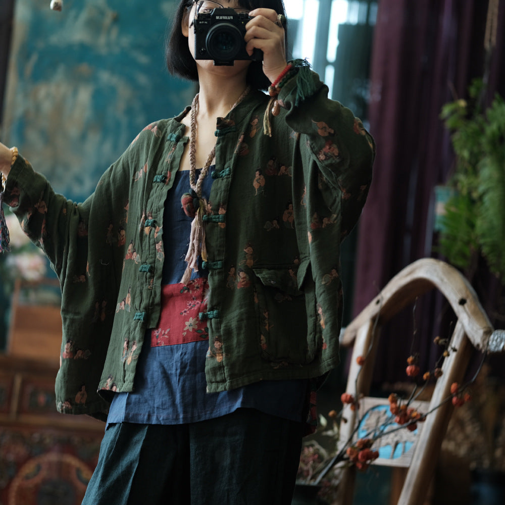 Woman wearing whimsical green top styled casually