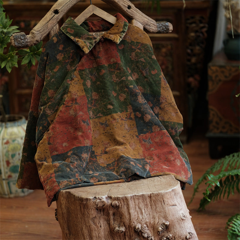 Front view of Whimsical Printed Quilted Jacket with playful prints