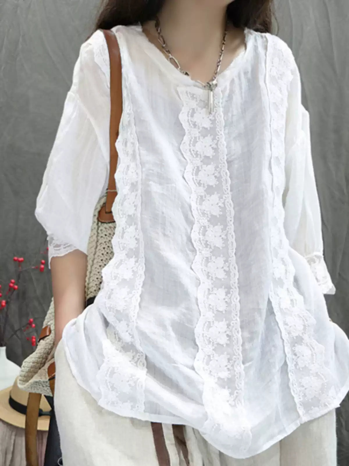 Front view of ramie lace trim blouse white vintage top