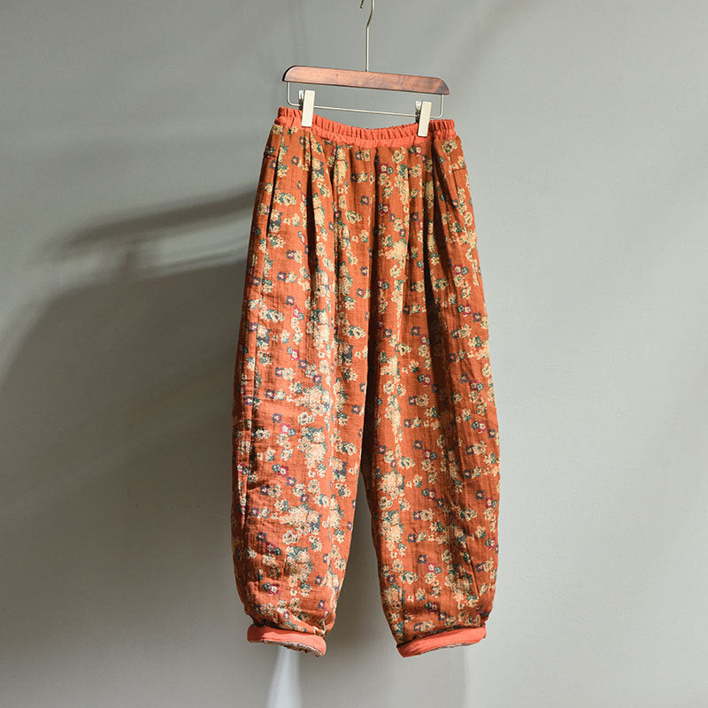 winter floral quilted pants fabric and stitching
