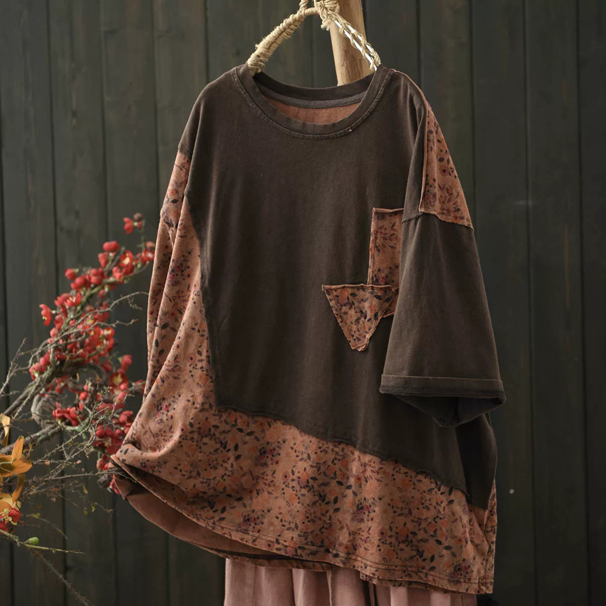 Vintage inspired appliqué print top casual artistic blouse