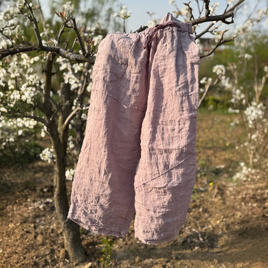 Yarn-dyed linen cropped pants front view with relaxed fit