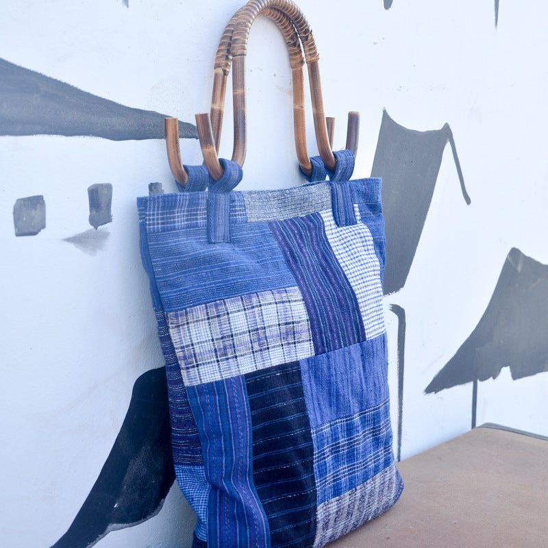 Hand-woven Rattan Handle Patchwork Bag