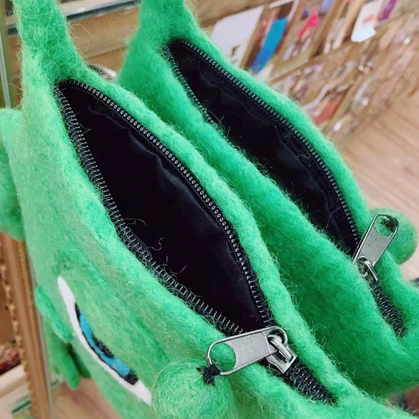 Funny Green Eyed Monster Handmade Felt Crossbody Bag