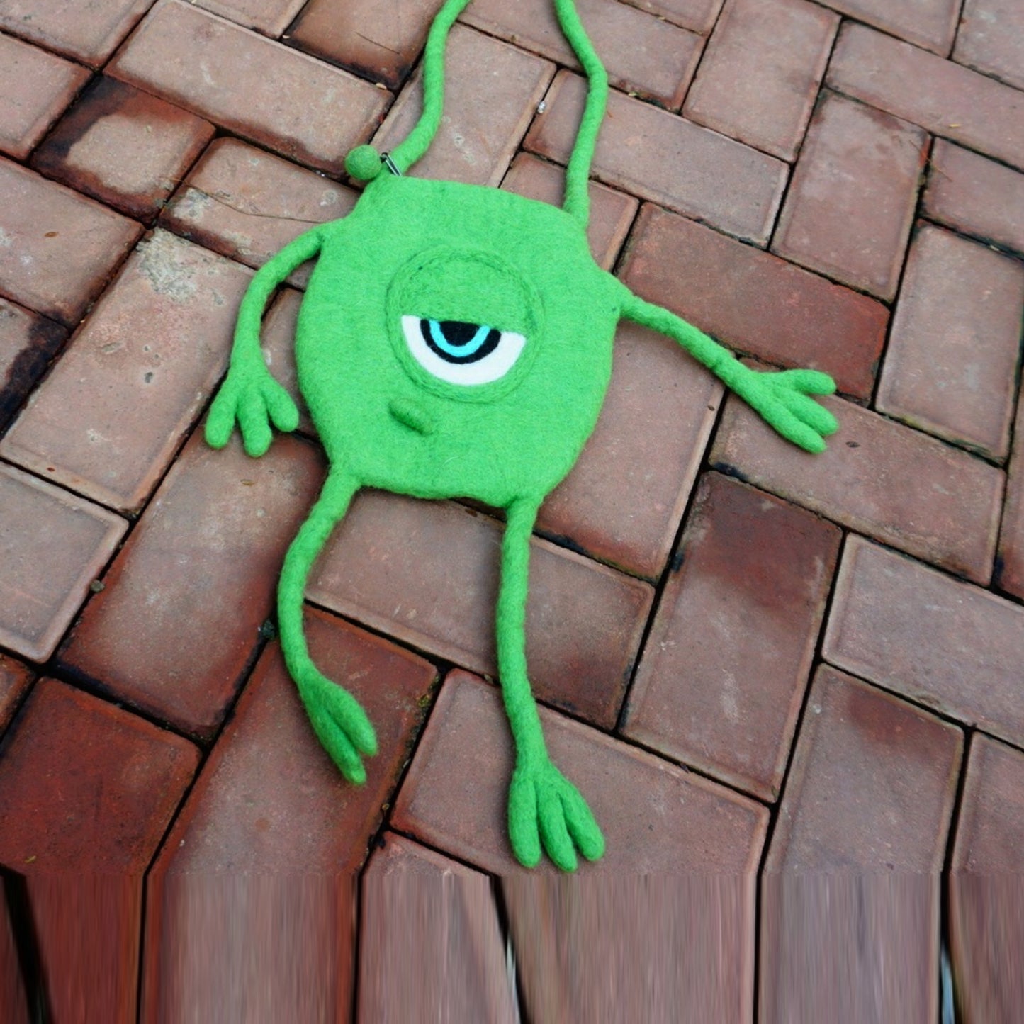 Funny Green Eyed Monster Handmade Felt Crossbody Bag