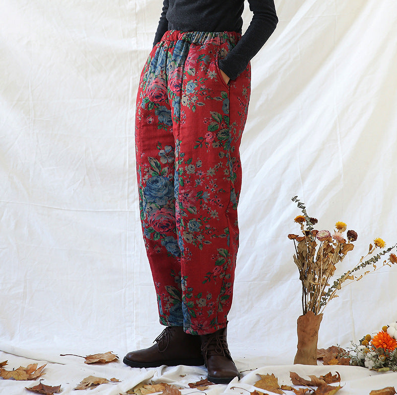 Red Floral Quilted Pants