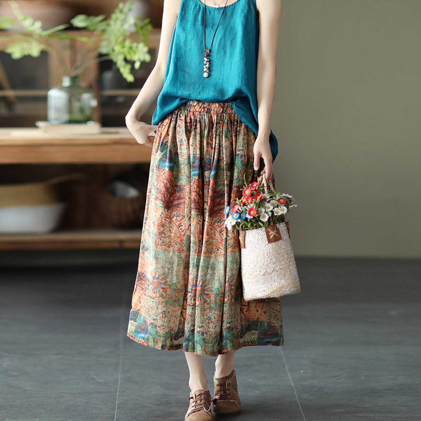 Linen Floral Maxi Skirt